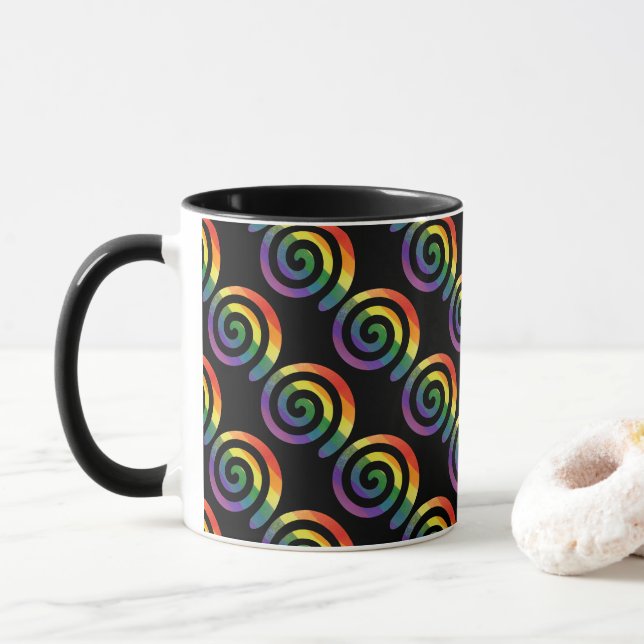 Gay LGBTQ Rainbow Pride Stripe Circular Pattern Mug (With Donut)
