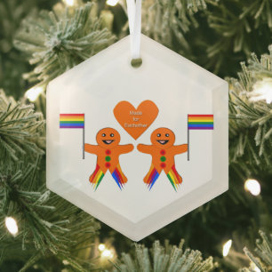 Gay Men Christmas Gingerbread Couple Glass Tree Decoration