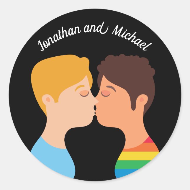 Gay Men Couple Kiss Custom LGBTQ Pride Monogram Classic Round Sticker (Front)
