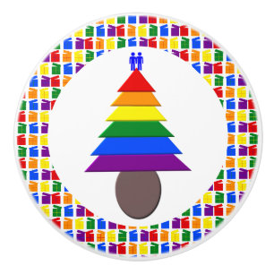 Gay Men Rainbow Christmas Tree and Presents Ceramic Knob