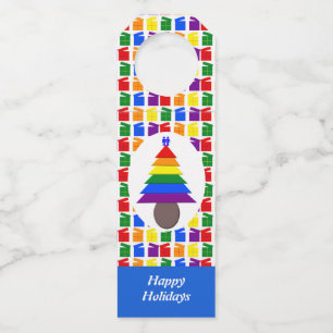 Gay Men Rainbow Christmas Tree and Presents Custom Bottle Tag