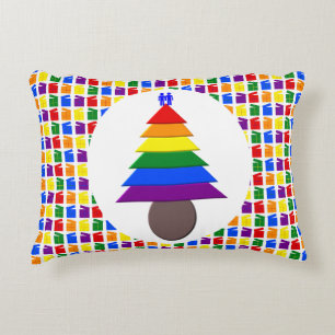 Gay Men Rainbow Christmas Tree and Presents Custom Decorative Cushion