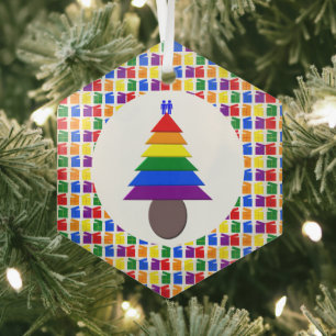 Gay Men Rainbow Christmas Tree and Presents Glass Tree Decoration