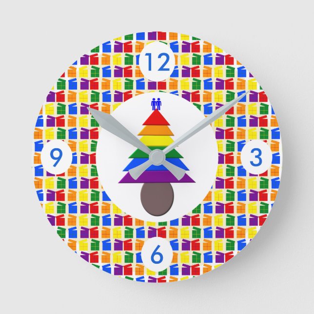 Gay Men Rainbow Christmas Tree and Presents Round Clock (Front)