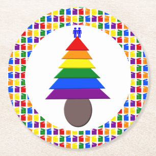 Gay Men Rainbow Christmas Tree and Presents Round Paper Coaster