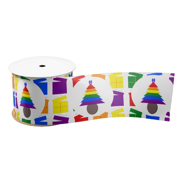 Gay Men Rainbow Christmas Tree and Presents Satin Ribbon (Spool)
