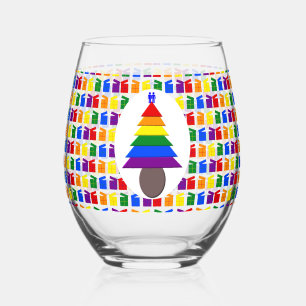 Gay Men Rainbow Christmas Tree and Presents Stemless Wine Glass