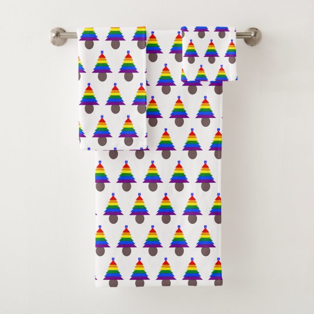 Gay Men Rainbow Christmas Tree Patterned Bath Towel Set (Insitu)