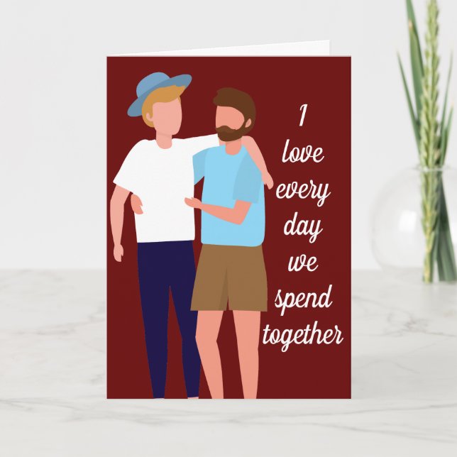 Gay Men Valentines Day Drawing of Couple Red Card (Front)