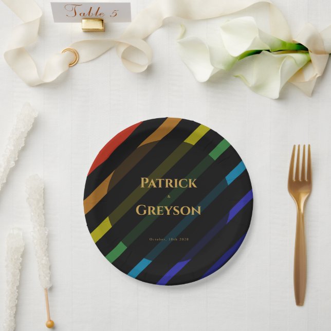 Gay Men Wedding Elegant Rainbow Paper Plate (Wedding)