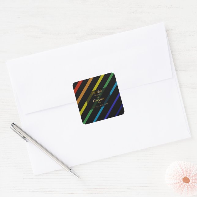 Gay Men Wedding Elegant Rainbow Personalised Square Sticker (Envelope)