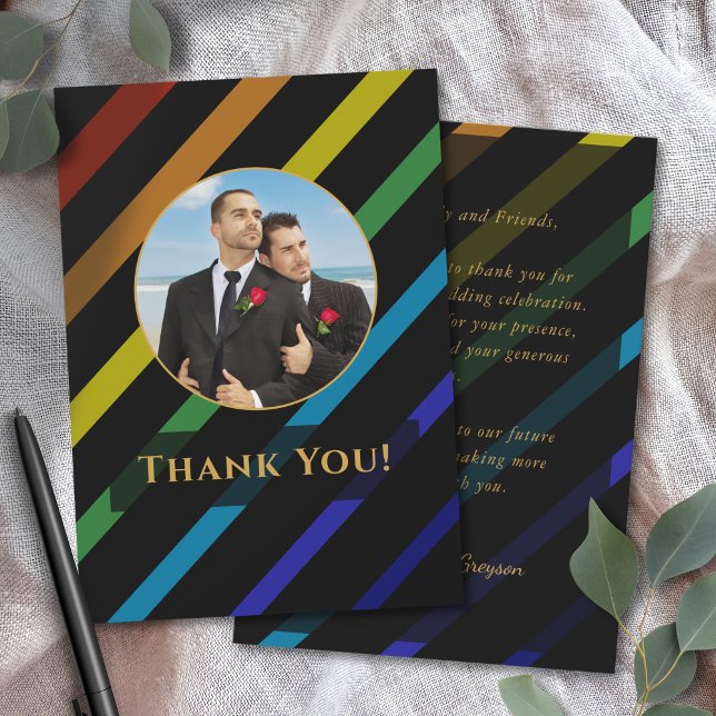 Gay Men Wedding Elegant Rainbow Photo Thank You Card (Creator Uploaded)