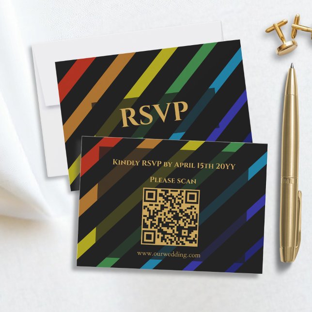 Gay Men Wedding Elegant Rainbow QR Code RSVP Card (Creator Uploaded)