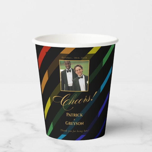 Gay Men Wedding Photo Elegant Rainbow Paper Cups (Front)