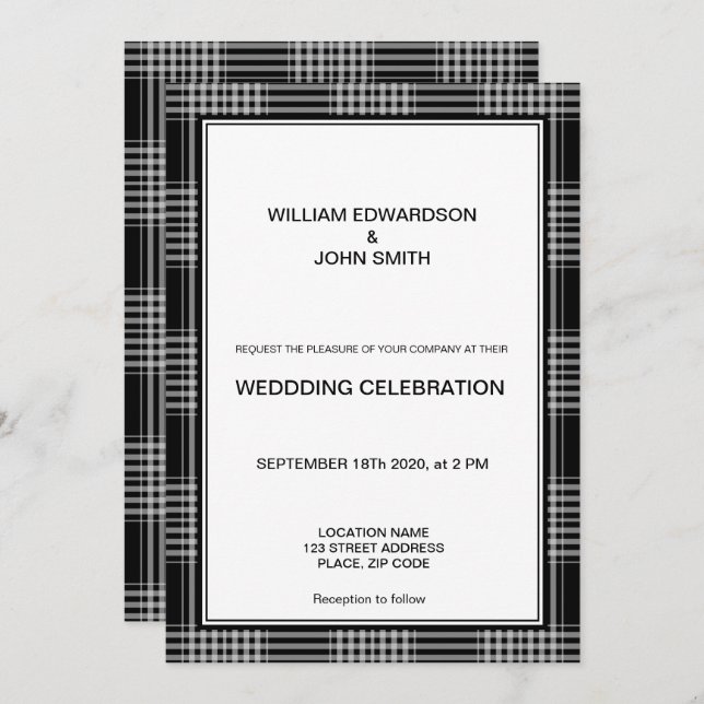 Gay Mr & Mr modern black white Wedding invitation (Front/Back)