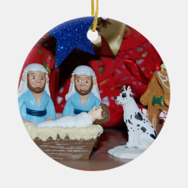 Gay Nativity: Love Makes a Holy Family Ceramic Tree Decoration (Front)