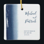 Gay Newlywed Our First Christmas Married Ceramic Ornament<br><div class="desc">Modern and creative wedding ornament featuring a simple design with an artistic navy blue watercolor brushstroke on the left side, over a white background. On the top right are your names in a handwritten font in right alignment. On the bottom left are the words, "Our First Xmas as Mr. and...</div>