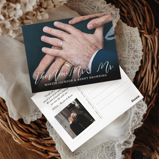 Gay Newlyweds Mr. and Mr. Photo Thank You Postcard (Creator Uploaded)