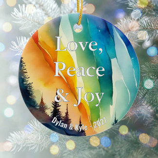 Gay Northern Lights Watercolor Christmas Keepsake Ceramic Tree Decoration