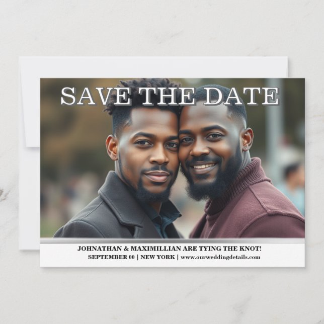 Gay photo save the date couples wedding editable invitation (Front)