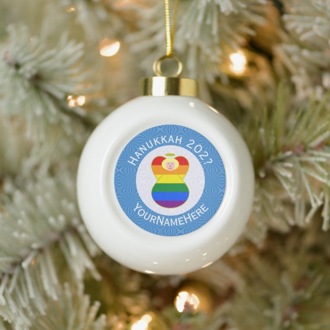 Gay Price Blonde Angel Hanukkah Flag Personalised  Ceramic Ball Christmas Ornament (Tree)