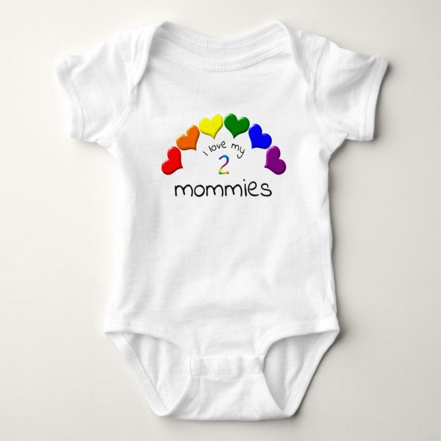 Gay Pride Baby I Love My 2 Mommies Rainbow Hearts  Baby Bodysuit (Front)