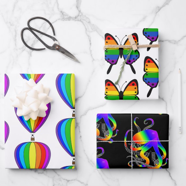 Gay Pride balloon, octopus butterfly rainbow Wrapping Paper Sheet (Front)