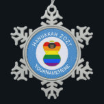 Gay Pride Black Angel Hanukkah Flag Personalised  Snowflake Pewter Christmas Ornament<br><div class="desc">African angel dressed in the Gay Pride Rainbow Flag on this snowflake pewter ornament for Hanukkah decor. The African Gay Pride angel flies in the centre of a circle of white squiggly squares surrounded by a background of blue squiggly squares for Hanukkah. Add your own text, or, personalise with a...</div>