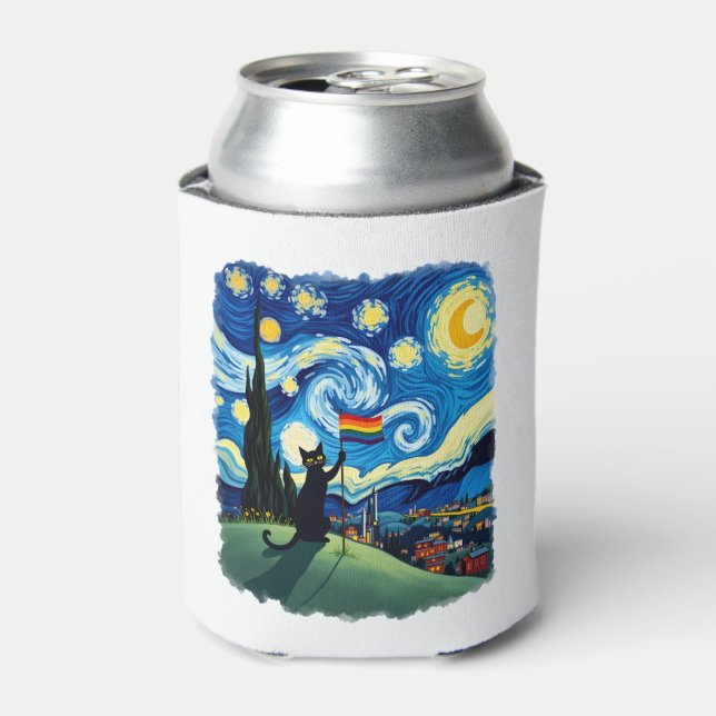 Gay Pride Cat Art Cat Starry Night Style LGBTQ Pri Can Cooler (Can Front)