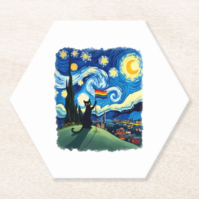 Gay Pride Cat Art Cat Starry Night Style LGBTQ Pri Paper Coaster (Front)