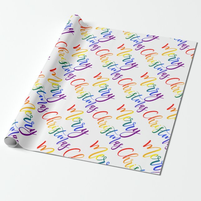 Gay Pride Christmas LGBT Rainbow Flag Colours Text Wrapping Paper (Unrolled)