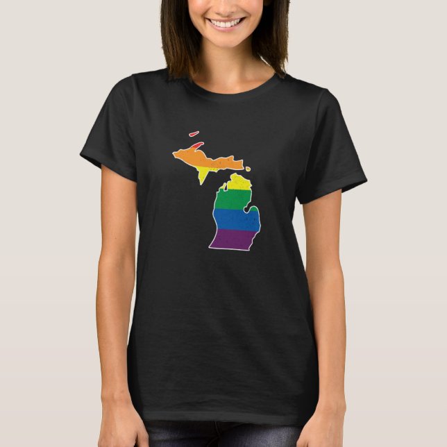 Gay Pride Flag Michigan State Map Rainbow Stripes T-Shirt (Front)