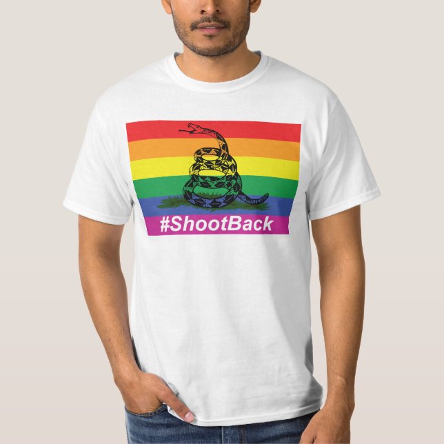 Gay Pride Gadsen Rattlesnake Flag Shoot Back T-Shirt (Front)