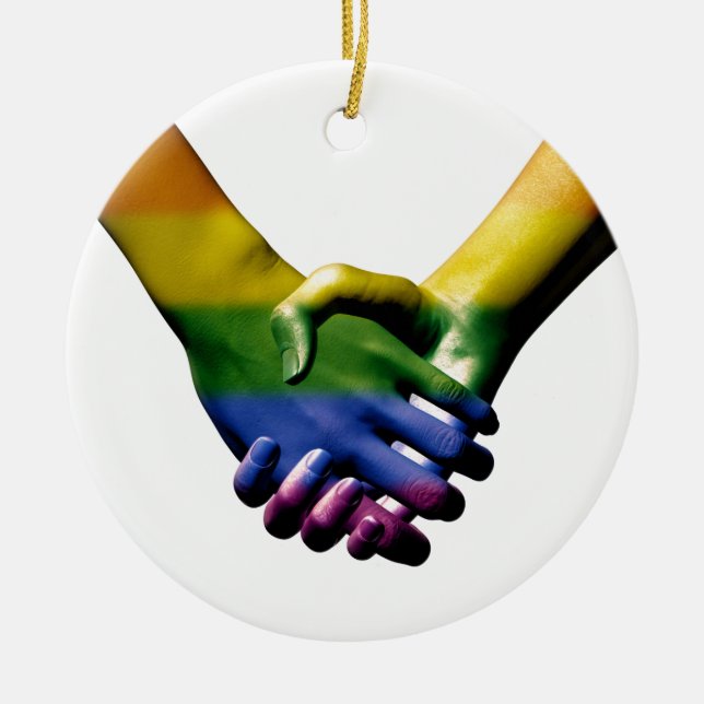 Gay Pride Holding Hands Ceramic Tree Decoration (Front)