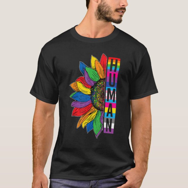 Gay Pride HUMAN Sunflower Rainbow LGBT LGBTQ Lesbi T-Shirt (Front)