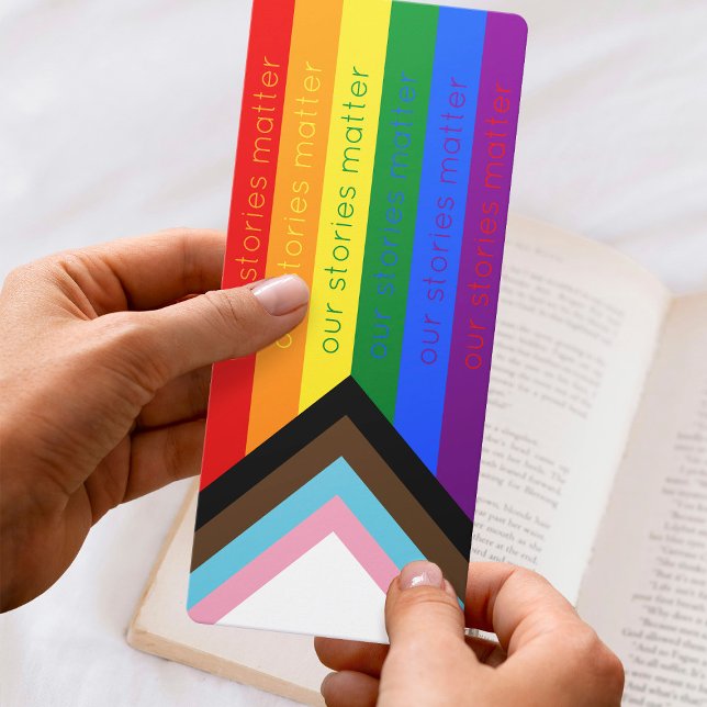 Gay Pride Intersection Rainbow Flag Bookmark (Mockup of bookmark held in hands. Hands from image by Freepik.)