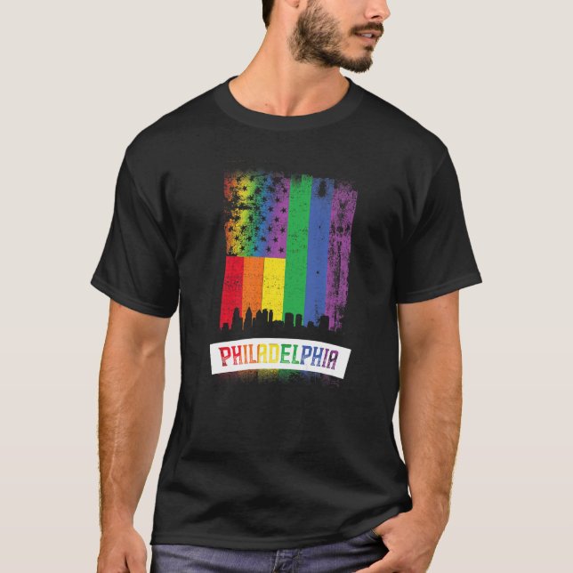 Gay Pride Lgbt Lgbtq Rainbow City Skyline Philadel T-Shirt (Front)