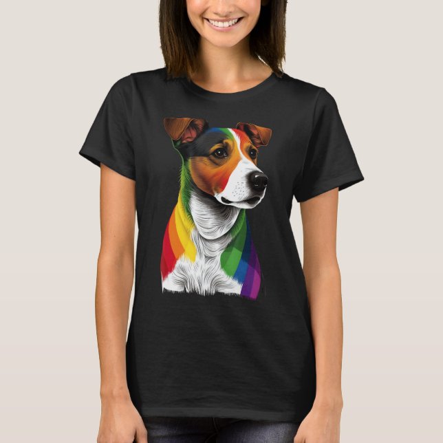 Gay Pride LGBT Rainbow Flag on Jack Russell Terrie T-Shirt (Front)