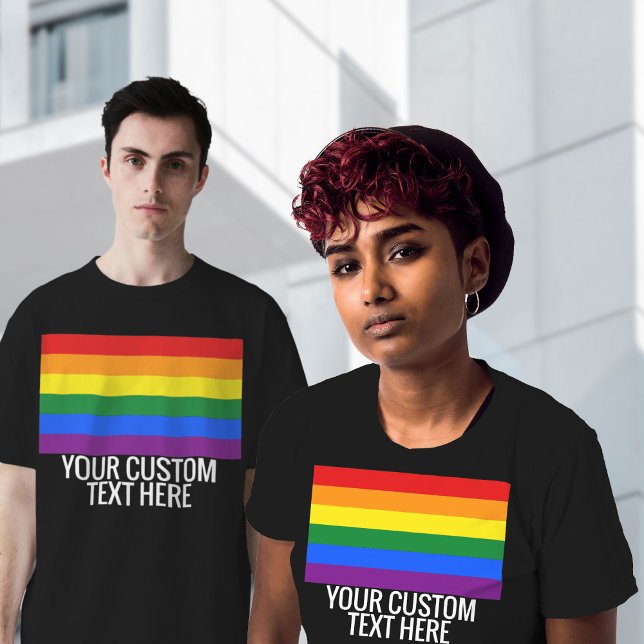 Gay pride LGBT Rainbow Stripes Custom Text Black T-Shirt (Creator Uploaded)