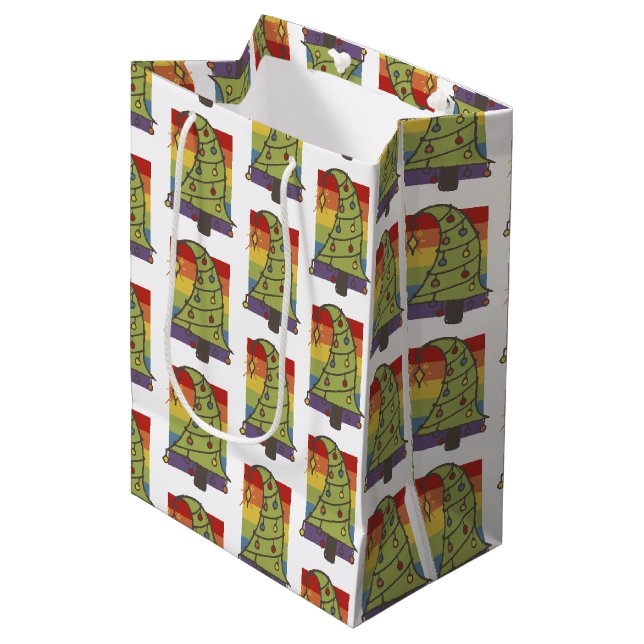 Gay Pride Rainbow Christmas Tree Medium Gift Bag (Front Angled)