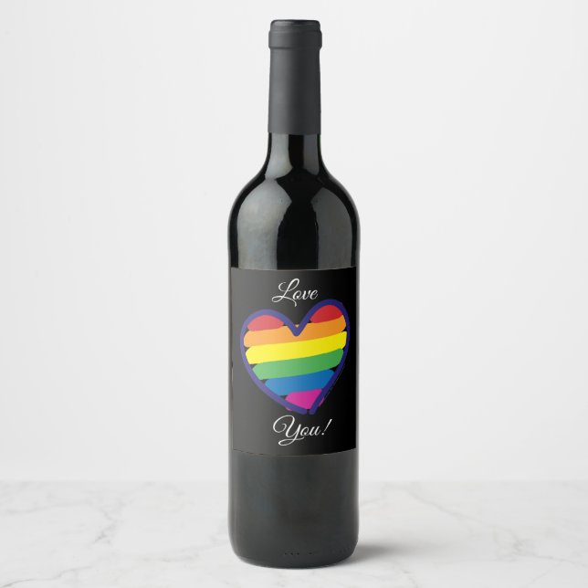 Gay Pride Rainbow Flag Heart Wine Label (Front)