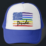 Gay Pride Rainbow Flag Trucker Hat<br><div class="desc">Gay pride trucker hat featuring a distressed American flag with rainbow colored stripes. Personalize with your text (initially set to "Pride") or leave blank.</div>
