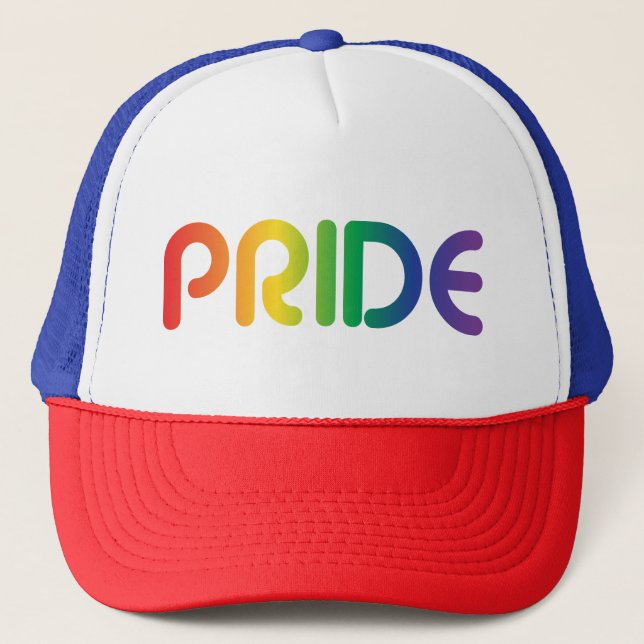 Gay Pride Rainbow Text Trucker Hat (Front)