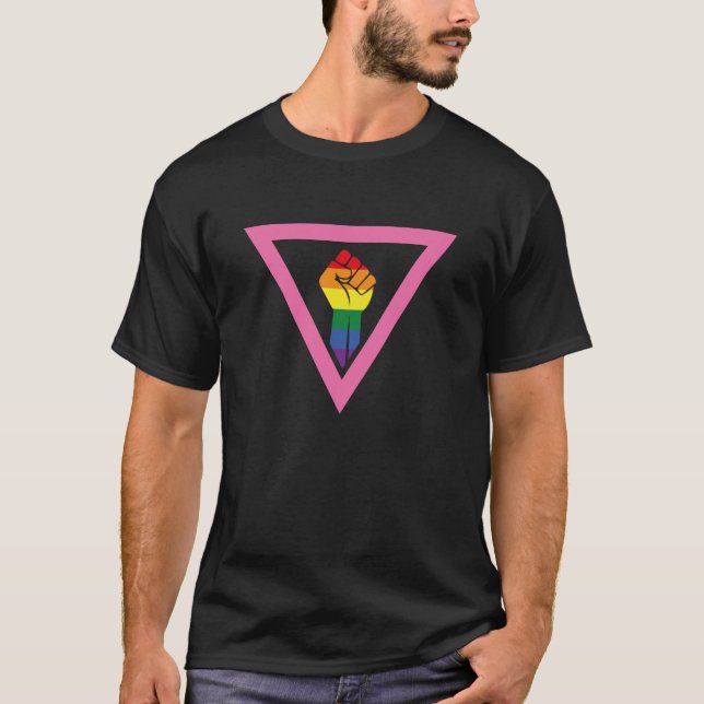 Gay Pride - Raised fist in Pink Triangle T-Shirt (Front)