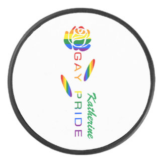 Gay Pride Rose Rainbow Flag Personalised Name Hockey Puck