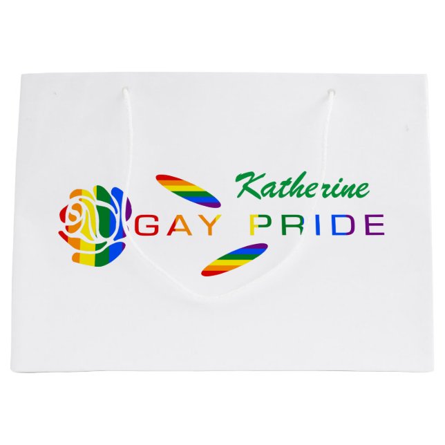 Gay Pride Rose Rainbow Flag Personalised Name Large Gift Bag (Front)