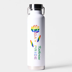 Gay Pride Rose Rainbow Flag Personalised Name Water Bottle