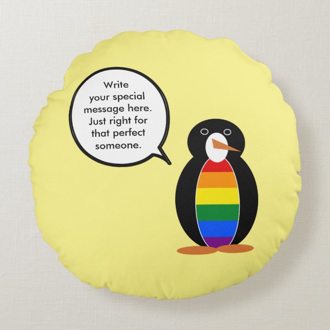 Gay Pride Talking Ms Penguin Personalised  Round Cushion (Front)