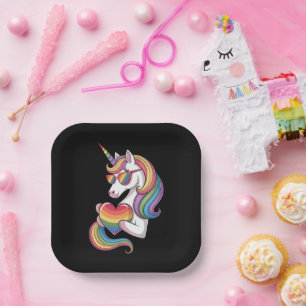 Gay Pride Unicorn Heart Rainbow Flag LGBT  Paper Plate