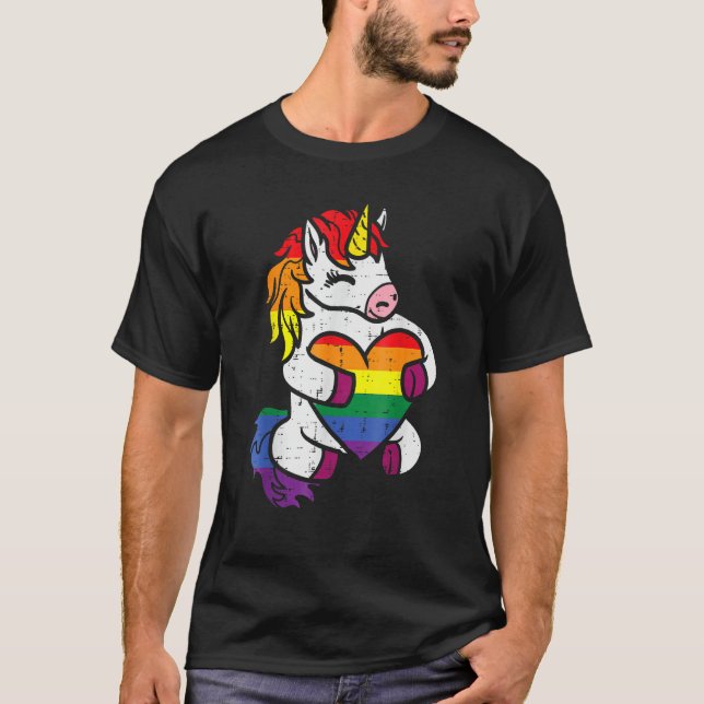 Gay Pride Unicorn Heart Rainbow Flag Lgbt Women Gi T-Shirt (Front)
